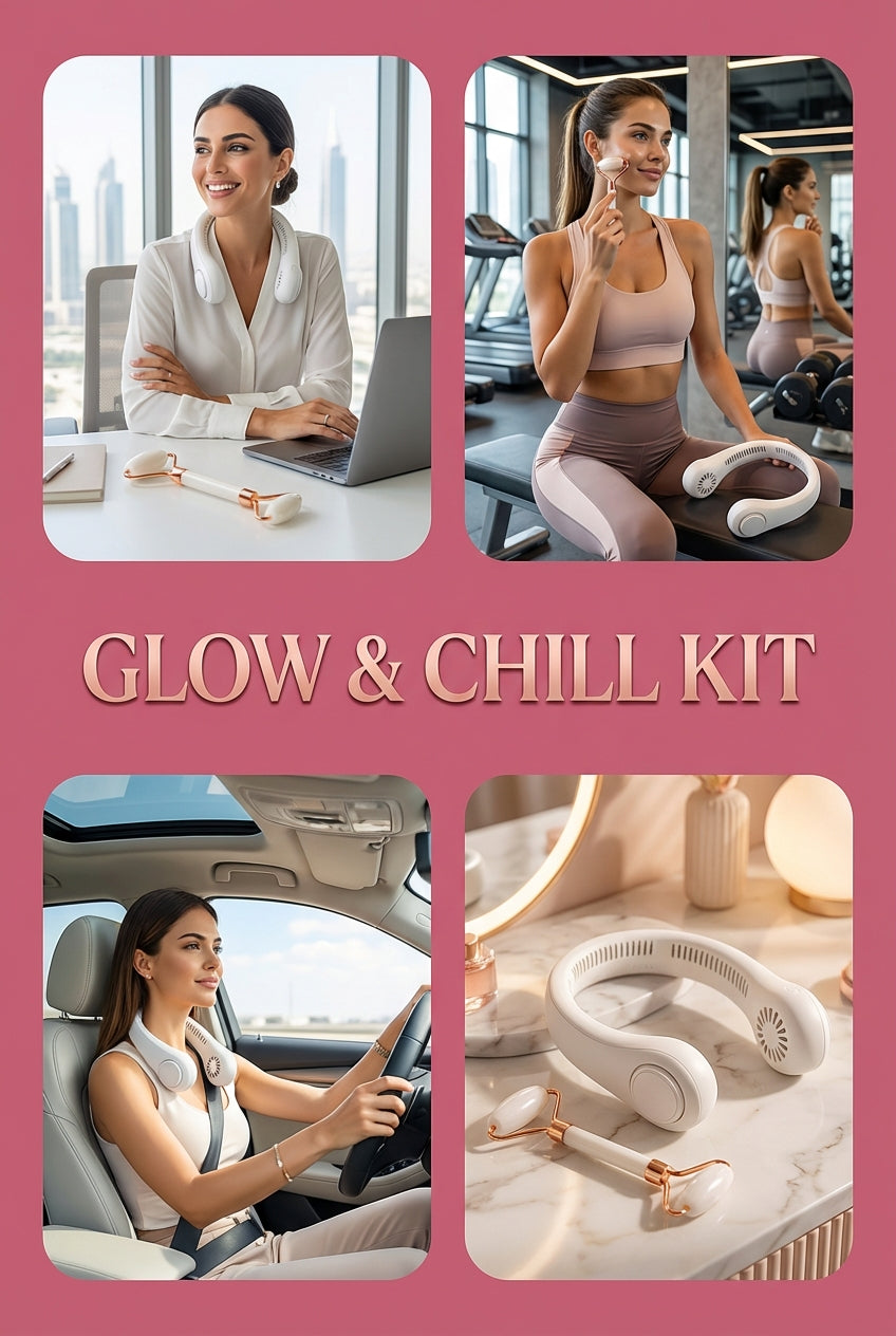 Neck Fan & Face Roller Glow Kit – Gift-Ready Box 🎁 - (Free Delivery, Cash on Delivery)